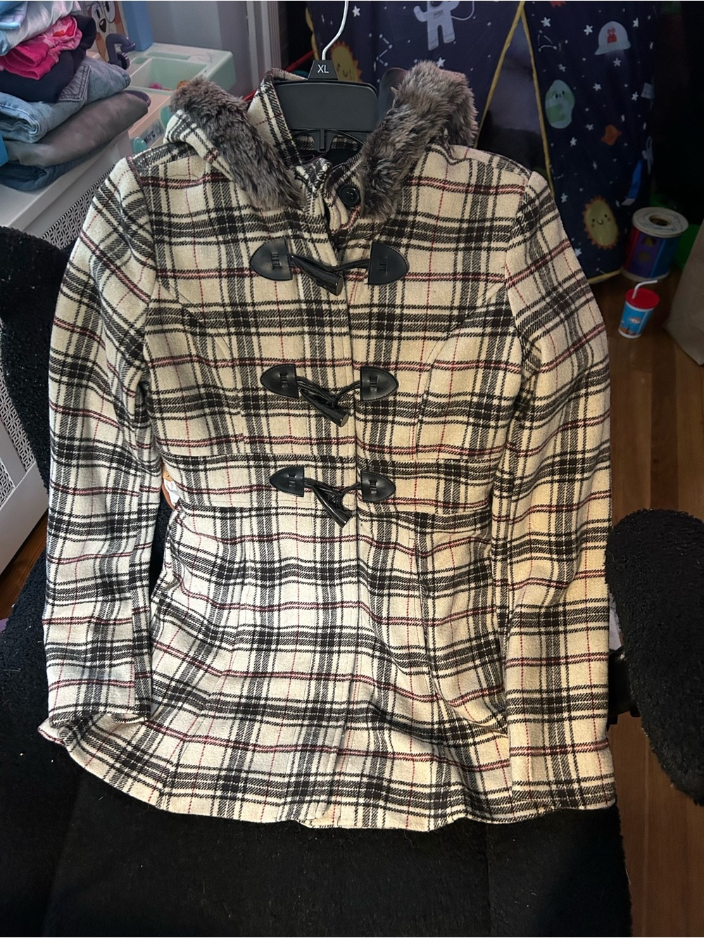 Say What? Plaid Toggel Coat with Faux Fur Trim - Cream/Black